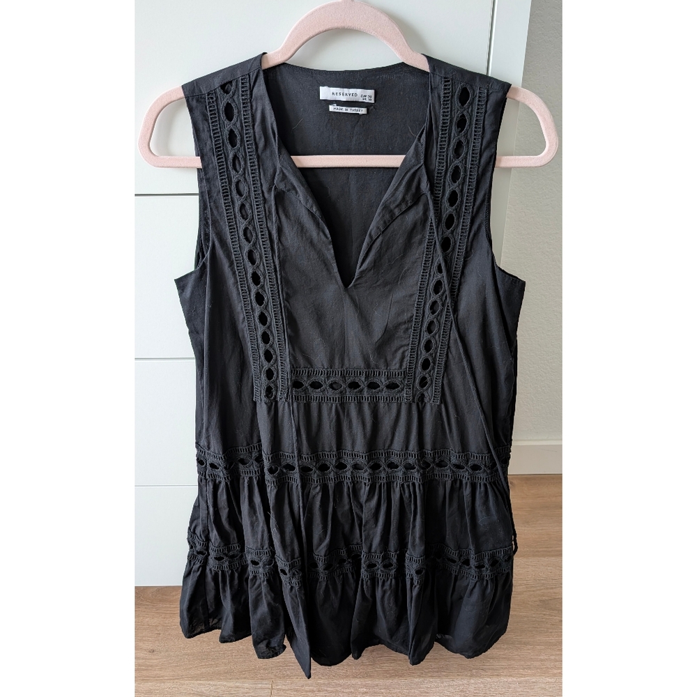 European Black Mini Dress with Eyelet Details